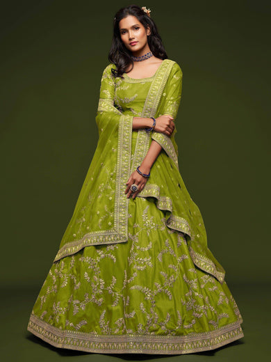 Neon Green Thread Embroidery Art Silk Wedding Wear Lehenga Choli